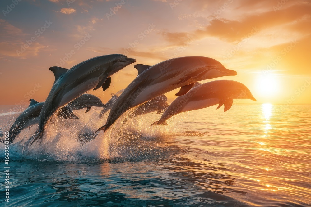 Fototapeta premium Dolphins leap gracefully against the backdrop of a vibrant sunset over the ocean, showcasing their playful nature in a stunning display of marine wildlife