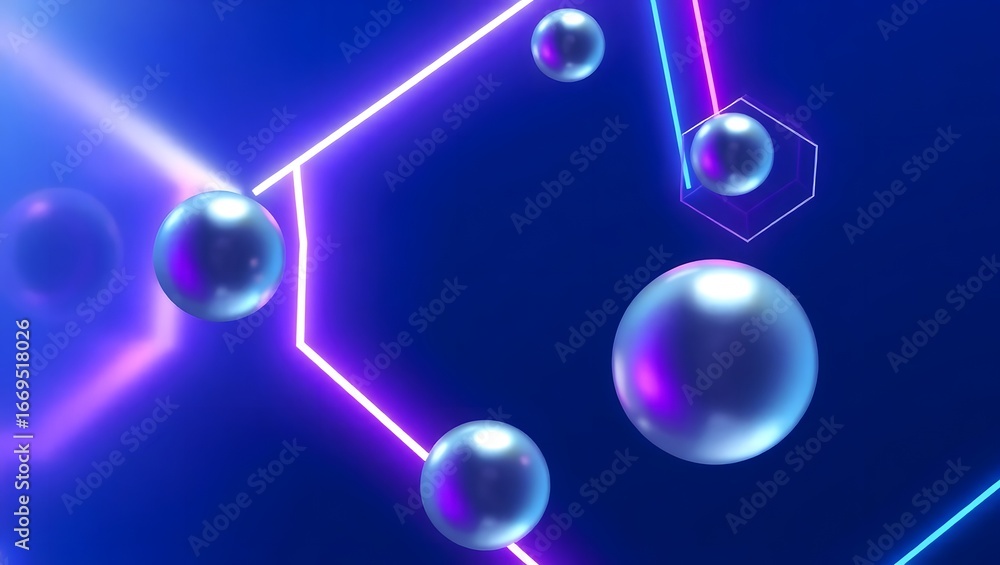 Fototapeta premium Abstract background with floating spheres and neon lines creating a futuristic design style look
