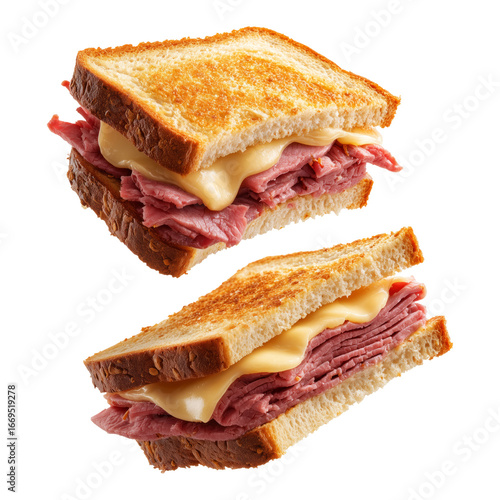 Corned beef pastrami sandwich with cheese, lettuce, and pickles on seeded bread, isolated on white transparent background, concept of Fiji street food