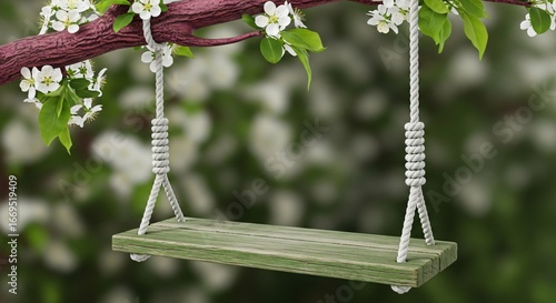 Empty swing hanging from flowering tree branch, inviting peaceful relaxation