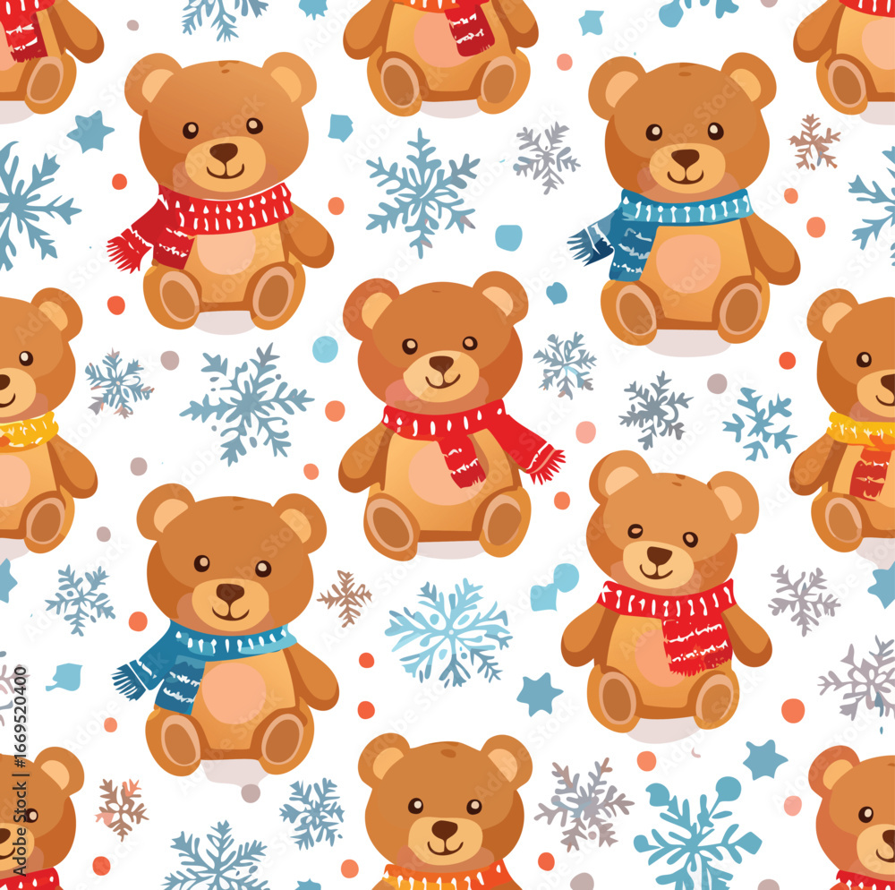 Fototapeta premium Winter holiday background with teddy bears in scarves and snowflakes repeating seamless pattern