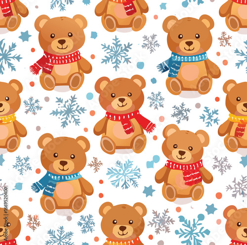 Wallpaper Mural Winter holiday background with teddy bears in scarves and snowflakes repeating seamless pattern Torontodigital.ca