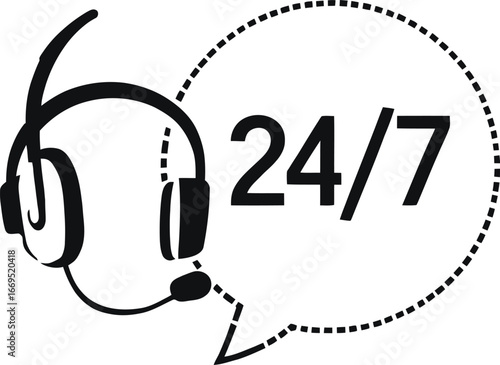 24/7 Customer Support Icon – Black and White Headset with Microphone and Speech Bubble for Tech Help and Service Vectors