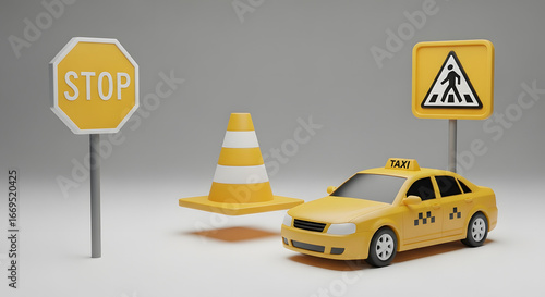 Yellow taxi, stop sign, pedestrian crossing sign and cone on the road