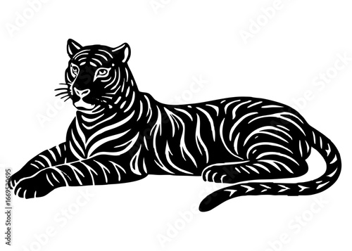 Tiger Lying Silhouette Linocut | Resting Jungle Cat SVG