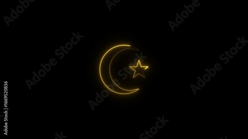 neon light star and moon icon on black background 4k animation. Islamic sign