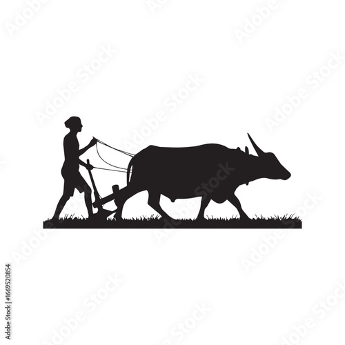 Silhouette of a traditional farmer plowing a field with a water buffalo or ox, representing rural Asian agriculture. Vector illustration.
