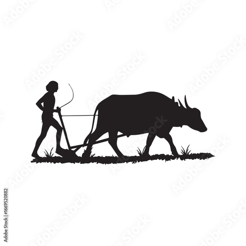 Silhouette of a traditional farmer plowing a field with a water buffalo or ox, representing rural Asian agriculture. Vector illustration.
