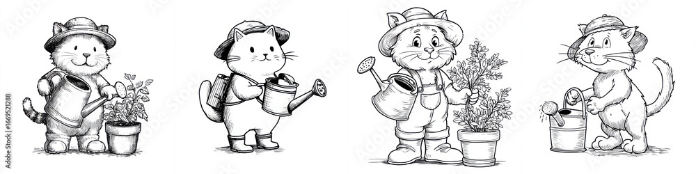 Fototapeta premium Cute illustrated cats and a dog in gardening outfits watering and tending to potted plants and flowers, black and white sketch style for outdoor activity or nature themed projects
