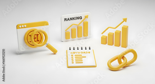 Seo optimization icons, search engine and website isolated on white background