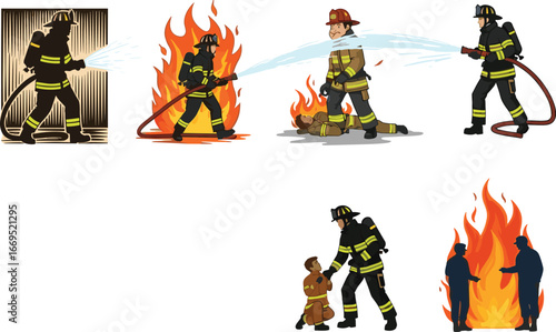 Firefighters in action extinguishing fire, rescuing colleague, using hose, protective gear, fire safety, teamwork, emergency response, fire rescue