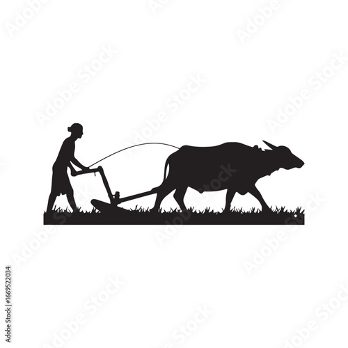 Silhouette of a traditional farmer plowing a field with a water buffalo or ox, representing rural Asian agriculture. Vector illustration.
