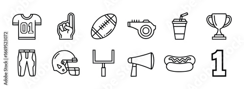 American Football Game Icons Featuring Jersey, Helmet, Ball, Whistle, Trophy And Hot Dog