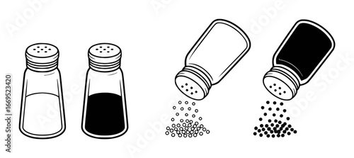 Black and White Illustrations of Salt and Pepper Shakers with Falling Seasoning on a White Background
