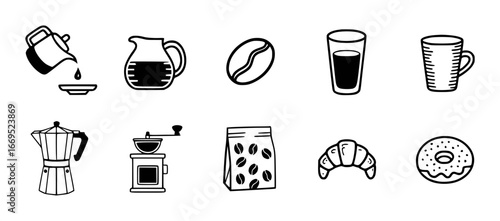 Coffee Making And Drinking Icons With Pastry And Doughnut glass coffee bean