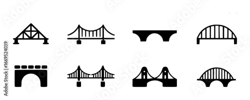 Collection of Eight Black Bridge Icons on White Background symbol architecture