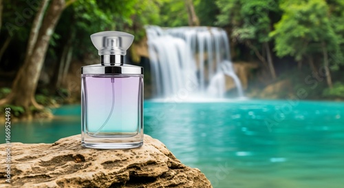 Elegant perfume bottle with waterfall backdrop for beauty and fragrance ads