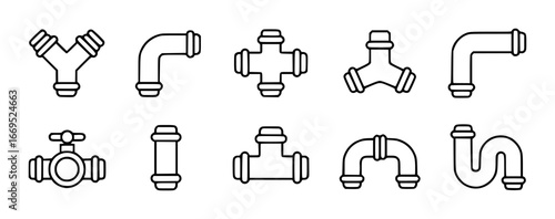 Plumbing Pipe Fittings and Valves Line Art Icons for Construction and Repair pipes
