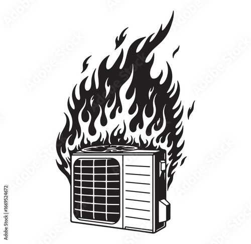 A burning air conditioner depicting overheating or hvac system failure illustrated in black and white