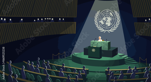 A flat design illustration capturing the essence of a high-level speech at the UN General Assembly, featuring a speaker at a podium and an attentive audience.