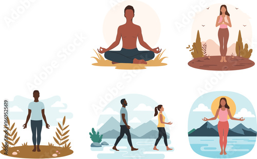 Mindfulness and meditation illustration with diverse people doing yoga, walking meditation, breathing exercises outdoors, wellness vector, peaceful landscape art