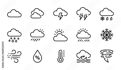 Weather Icons Collection Including Clouds Rain Snow Wind and Temperature Symbols