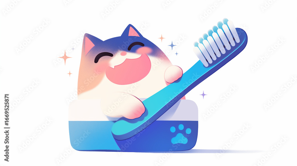 Fototapeta premium Cute Cat Brushing Teeth Cartoon