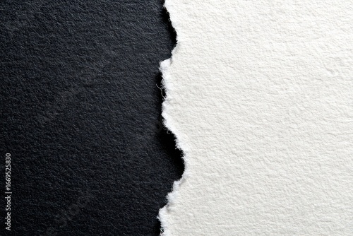 Torn edge of textured white paper contrasts against a solid black backdrop