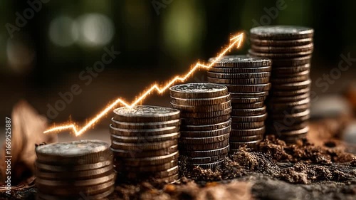 Economic Ascent: Metallic coins ascend in a visual metaphor of financial growth, their stacked heights mirroring increasing values, underling the core concept of capital growth and economic triumph.