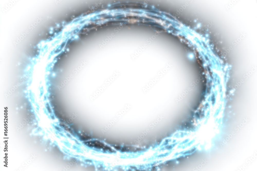 Fototapeta premium Glowing circle of light with ethereal blue energy swirls & sparkling particles, surrounded by a soft white aura on a white background