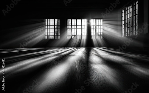 Dark room, sunbeams through windows