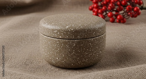 Elegant speckled container on linen with berries perfect for branding and design