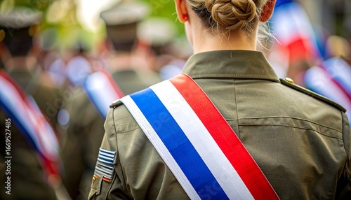 A military parade, showing a person in uniform with a tricolor sash, in a blurred background.