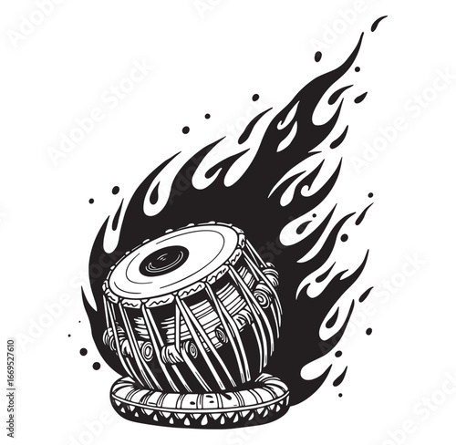 Artistic black and white illustration of a tabla drum surrounded by flame elements