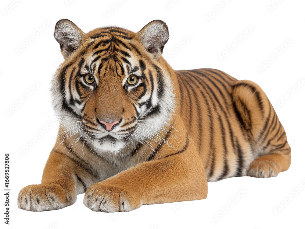 Naklejka premium Majestic tiger cub with striking orange fur and black stripes lying down isolated on transparent background. PNG die-cut for advertising