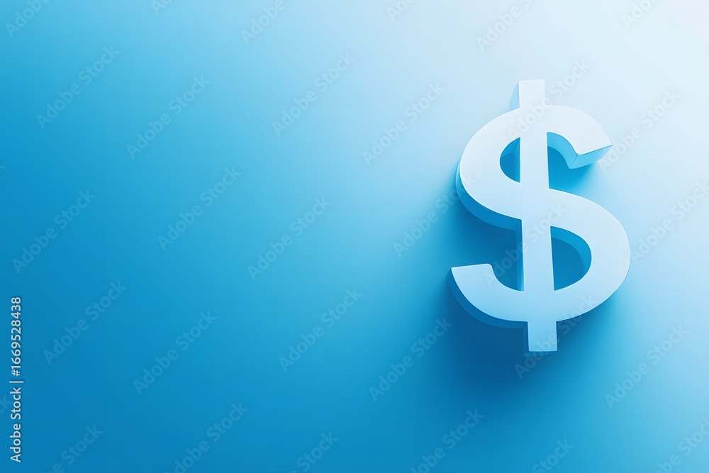 Fototapeta premium Soft gradient blue background with floating dollar symbol, right side blank for business message or text.