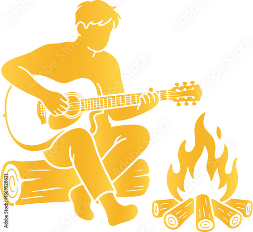 Golden silhouette guitar player by campfire vector