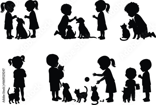 Silhouettes of children playing, interacting with pets, dogs and cats, bonding, caring, feeding, playing ball, friendship, joy, love, childhood fun, animal companionship