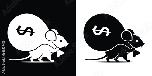 Vector illustration of a mouse carrying a big money bag with dollar sign, black and white style