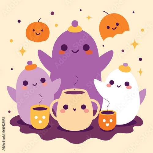 Tshirt vector art of adorable halloween scene with smiling ghosts and pumpkins holding cups of hot drinks, creating a cozy and cheerful atmosphere