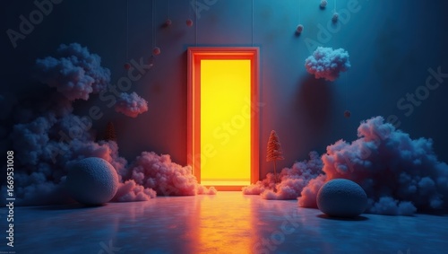 A luminous, orange-lit doorway, enveloped by ethereal clouds and illuminated orbs, creates a surreal and dreamy interior scene.