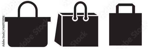 Set of shopping bag icons in black silhouette. Three simple black shopping bag icons in different styles, useful for retail, e-commerce, store branding, or packaging design.   Online Shop Symbol. 
