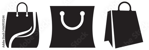 Set of shopping bag icons in black silhouette. Three simple black shopping bag icons in different styles, useful for retail, e-commerce, store branding, or packaging design.   Online Shop Symbol. 
