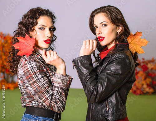 Two women with autumn leaves