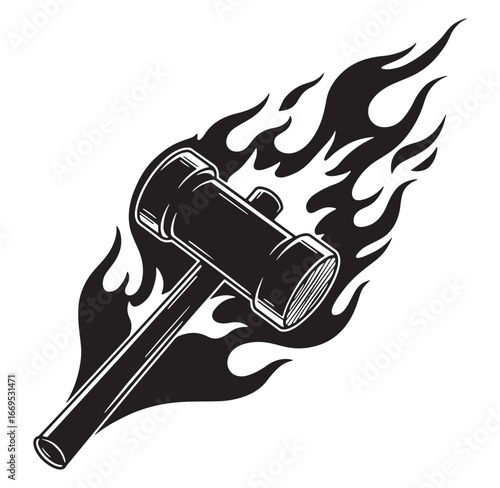 Bold black and white illustration of a sledgehammer surrounded by flames on a white background