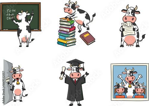 Funny cartoon cow student and teacher characters in school scenes, reading books, graduation, exams, education, classroom learning, academic humor.