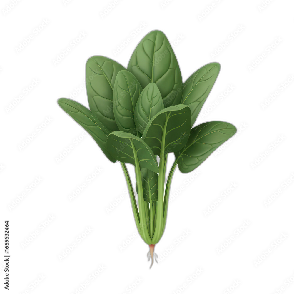 Obraz premium Fresh green spinach plant with roots, a healthy leafy vegetable, isolated on a white background, ready for culinary use.