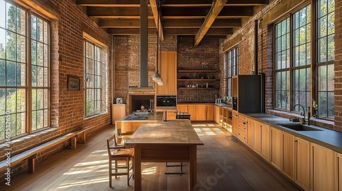 Wallpaper Mural Rustic kitchen with exposed brick, wooden beams, and large windows, creating warm ambiance Torontodigital.ca