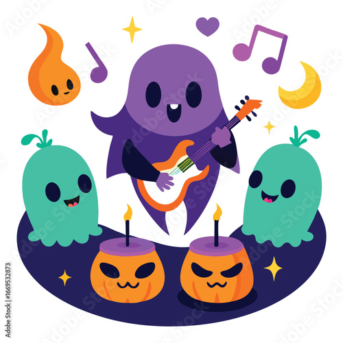 Tshirt vector art of cute purple ghost playing guitar with pumpkins and friendly ghosts, celebrating halloween with music and spooky elements