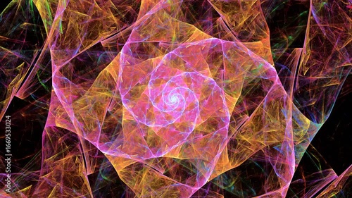 Multicolored glowing flows of energy spiraliform motion and rotation. Abstract background with luminous elements changes, whirling. Fractal transformation of iridescent particles. 4K UHD 4096x2304